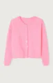 Pink knit cardigan sweater detail featuring long sleeves, round neckline and front button closure. - Pink