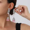 Vintage silver rhinestone long birdcage earrings with pink beads detail close-up view. - Birdcage Style (S5115-2) / Silver Tone Pink Tassel (S5115-2)