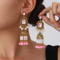 Vintage gold-tone pink crystal pearl tassel drop earrings long ethnic jhumka earrings - Pink (S5107-5)