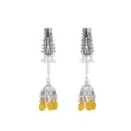Vintage silver rhinestone long tassel earrings with faux pearls and yellow jhumka drop details. - Lemon Yellow
