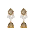 Exquisite antique gold teardrop jhumka earrings with crystal and pearl tassels for women. - White