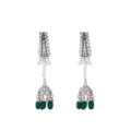 Vintage silver rhinestone jhumka long dangle earrings with white pearls and green beads. - Dark Green