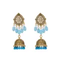 Vintage antique gold teardrop jhumka earrings with blue beads and pearls for women. - Lake Blue