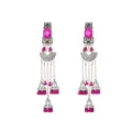 Close-up of exotic silver drop earrings featuring pink crystal stone and delicate fringe chains. - Rose Red