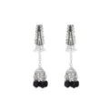 Silver crystal rhinestone long drop earrings detail view, vintage black and white bead fringe. - Black