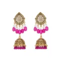 Exquisite ethnic drop jhumka earrings with vintage gold filigree and pink beads detail. - Rose Red
