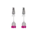 Vintage silver rhinestone birdcage long drop earrings with white pearls and pink beads - Rose Red