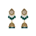 Antique gold ethnic jhumka drop earrings with green beads, white pearls and sparkling crystals. - Dark Green