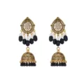 Close-up detail of antique gold ethnic jhumka earrings featuring rhinestones and black bead tassels. - Black