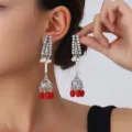 Vintage silver rhinestone cage long earrings with white pearls and red bead tassels for women. - Silver Tone Red Tassel (S5115-5)