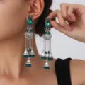 Boho silver long earrings with green gemstone ethnic jhumka tassel drops for women. - Fan Carved Tassel Bell Style (S5121-8)