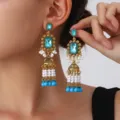 Vintage gold-tone blue crystal rhinestone long tassel earrings with elegant pearl drops. - Blue (S5107-4)