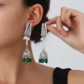 Vintage silver rhinestone pearl long earrings with green bead jhumka tassel for women detail view - Birdcage Style (S5115) / Silver Tone Green Tassel (S5115)