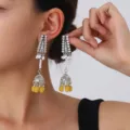 Close up of vintage silver rhinestone pearl and yellow jhumka tassel drop earrings detail. - Birdcage Style (S5115-1) / Silver Tone Yellow Tassel (S5115-1)