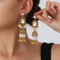Vintage gold rhinestone pearl long dangle earrings, elegant ethnic jhumka jewelry detail. - White (S5107-3)