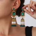 Vintage gold-tone green crystal pearl long jhumka dangle earrings for women fashion chic - Dark Green (S5107-1)