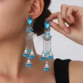 Ethnic style long dangle earrings with blue rhinestones and bell charms for women daily wear. - Fan Carved Tassel Bell Style (S5121-4)