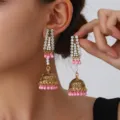 Exotic gold-tone jhumka tassel earrings with rhinestones and pink beads for women style - Pink