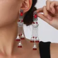 Exotic silver long earrings featuring red gemstone, fan carved pattern, and delicate bead dangles. - Fan Carved Tassel Bell Style (S5121-2) / Red