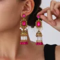 Vintage gold-tone pink crystal pearl jhumka earrings for women elegant long tassel jewelry - Rose Red (S5107)