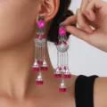 Exotic rhinestone fan carved drop earrings with multi-chain jhumka tassel design. - Fan Carved Tassel Bell Style (S5121-1) / Rose Red