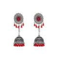 Boho red stone jhumka earrings ethnic vintage tassel dangle statement jewelry for women. - Red