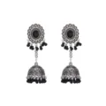 Oxidized silver ethnic jhumka earrings with black beaded tassels for boho daily fashion wear. - Black