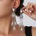 Ethnic silver long tassel earrings with crystal rhinestones and bell pendants for women. - Fan Carved Tassel Bell Style (S5121) / Silver