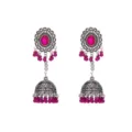 Close-up of bohemian silver filigree bell jhumka earrings featuring vibrant pink beads. - Rose Red