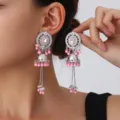 Exquisite silver tone jhumka earrings with pink beads and sparkly rhinestones for daily wear. - Bell Tassel Drop Earrings / Pink (S5111-4)