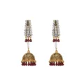 Boucles d'oreilles jhumka or antique avec cristaux, perles et pampilles rouges. - Rouge Foncé