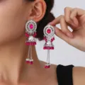 Exquisite ethnic style earring detail with hollow disc, rhinestones, and pink bead tassels. - Bell Tassel Drop Earrings / Rose Red (S5111-1)