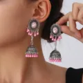 Bohemian silver-tone Jhumka dangling earrings with pink beads and central stone jewelry. - Pink
