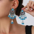 Ethnic silver jhumka earrings with blue teardrop stones and beaded tassels for women - Sky Blue