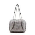 Plush chain shoulder bag, soft faux fur crossbody tote bag for women, stylish winter handbag. - Gray