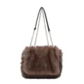Brown faux fur shoulder bag for women, stylish crossbody bag with chain strap and fluffy design. - Brown