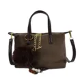 Brown suede shoulder bag, minimalist commuter bucket bag with furry pom pom and gold chain. - With Pendant / Green