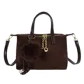 Brown suede shoulder bag for women, chic crossbody handbag with furry pom-pom and gold chain. - Coffee