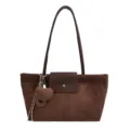 Brown suede tote bag for women, stylish vintage large-capacity shoulder commuting bag main view. - With Pendant / Coffee