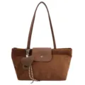 Brown suede tote bag for women, vintage shoulder bag with large capacity and heart charm. - With Pendant / Brown