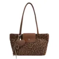 Women leopard print shoulder tote bag vintage suede handbag casual daily commuter bag - With Pendant / Leopard Print