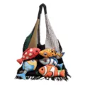 Chique gebreide tote tas met kleurenblok en leuke pluche visdecoraties, grote casual handtas. - Zwart en Grijs