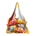 Kleurrijke gebreide shopper met schattige pluche visjes, hippe casual schoudertas. - Geel en Blauw