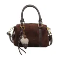 Retro brown suede women handbag, chic niche design small crossbody Boston bag with cute plush pendant. - With Pendant / Coffee