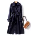 Women's double-breasted long trench coat with belt, classic dark blue outerwear for spring. - S / Tops / Navy Blue