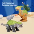 Assembly dinosaur toy set with screw-together ankylosaurus and parasaurolophus figures. - Ankylosaurus + Parasaurolophus