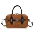 Retro brown suede pillow shoulder bag with top handles and metal lock closure for women - Brown