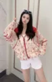 Summer floral sun protection hooded lightweight jacket details showing casual loose fit top. - M / Tops / Floral Print (Red Trim)