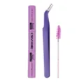 Dual-ended DIY cluster eyelash glue set with precision curved tweezers and pink spoolie brush. - Dual Glue + Sharp Tweezer + Brush (With Logo) / Purple