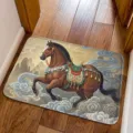 Detail view of the 3D visual horse non-slip diatomite doormat for home entry and bathroom. - Dark Khaki Galloping Horse Style